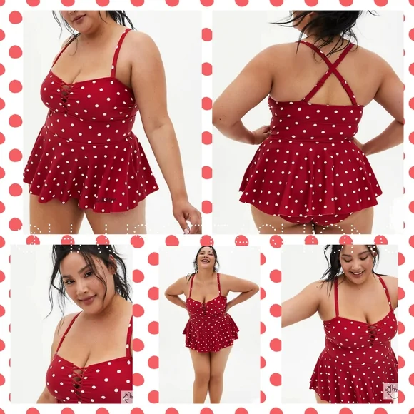 TORRID DISNEY Retro Red Minnie Mouse Lattice Front Peplum Swimsuit! NWT! 🩱 - Picture 2 of 7